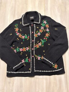 Studio Black Embroidered Holiday Cardigan